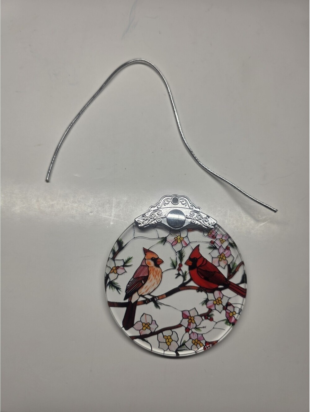 Red Cardinals Bird Stained Glass Suncatcher Christmas Tree Ornament